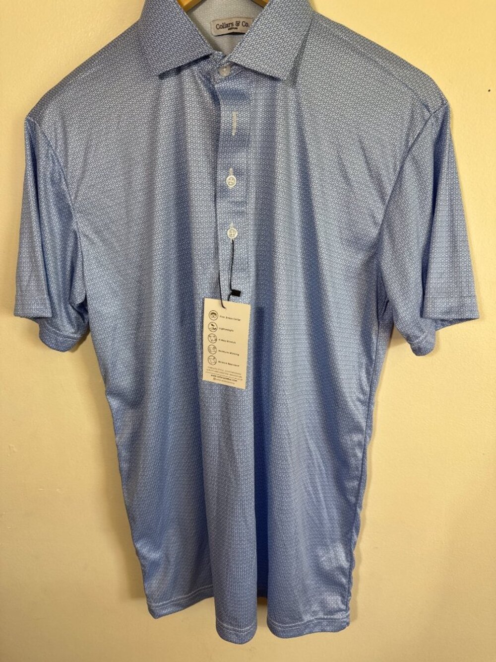 Collars & Co. Mens Medium Blue Patterned Dress Collar Polo Shirt Moisture Wickin